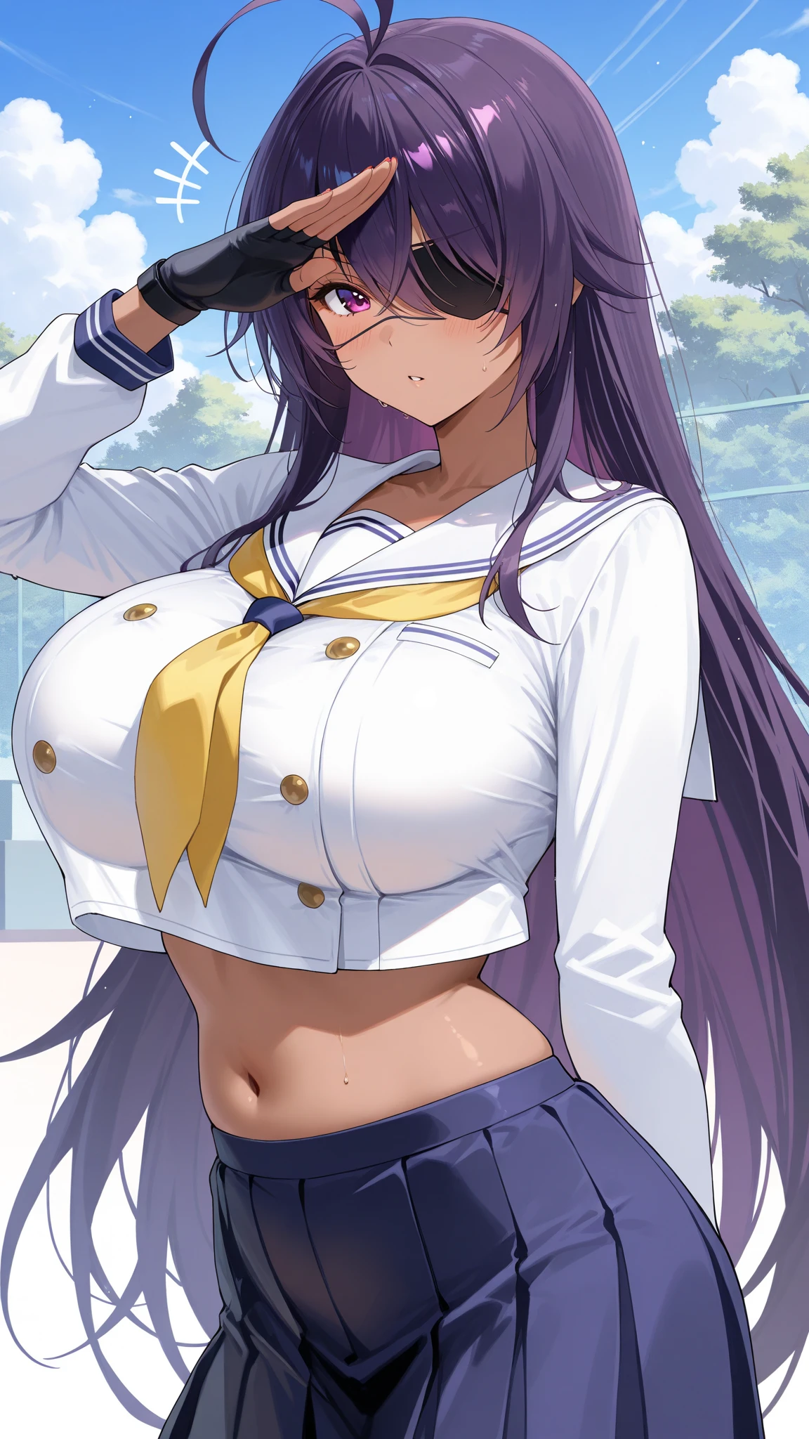 (masterpiece, best quality), official art, 8k, ultra detailed, one girl, aife, gyaru, solo, dark skin, (split-color hair), hair between eyes, ahoge, horns, purple eyes, blush, smile, huge breasts, cleavage, black bikini, micro bikini, highleg bikini, covered nipples, bikini under clothes, white shirt, purple microskirt, pleated skirt, looking at viewer, indoor, class room, cowboy shot, <lora:aife-nvwls-v1:0.9>, <lora:more_details:0.3>