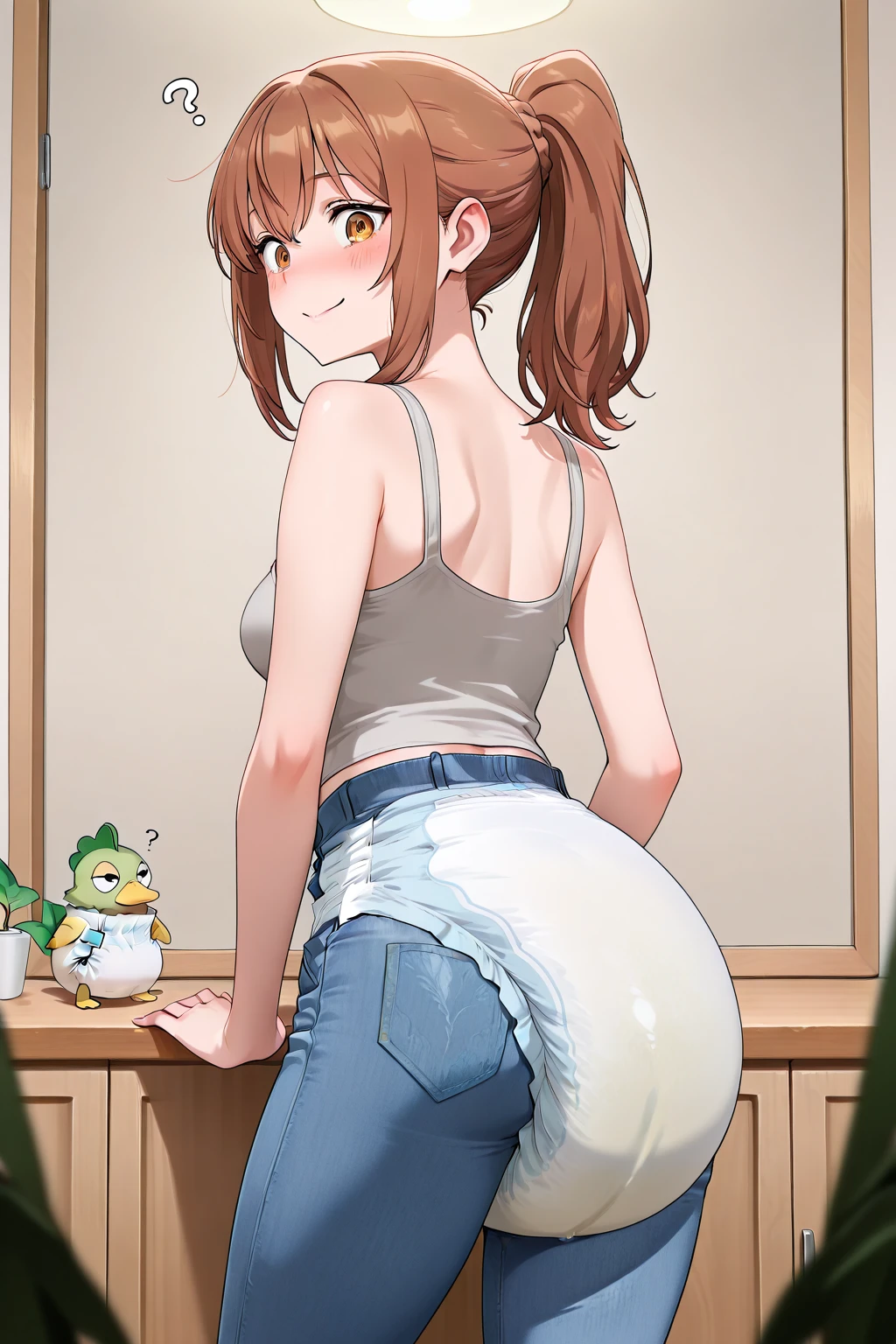 masterpiece, best quality, ultra-detailed, ANBW, anal ball wear, insertion clothing, 1girl, orange bobcut, green eyes, anus, standing, (green butt plug:1.2)