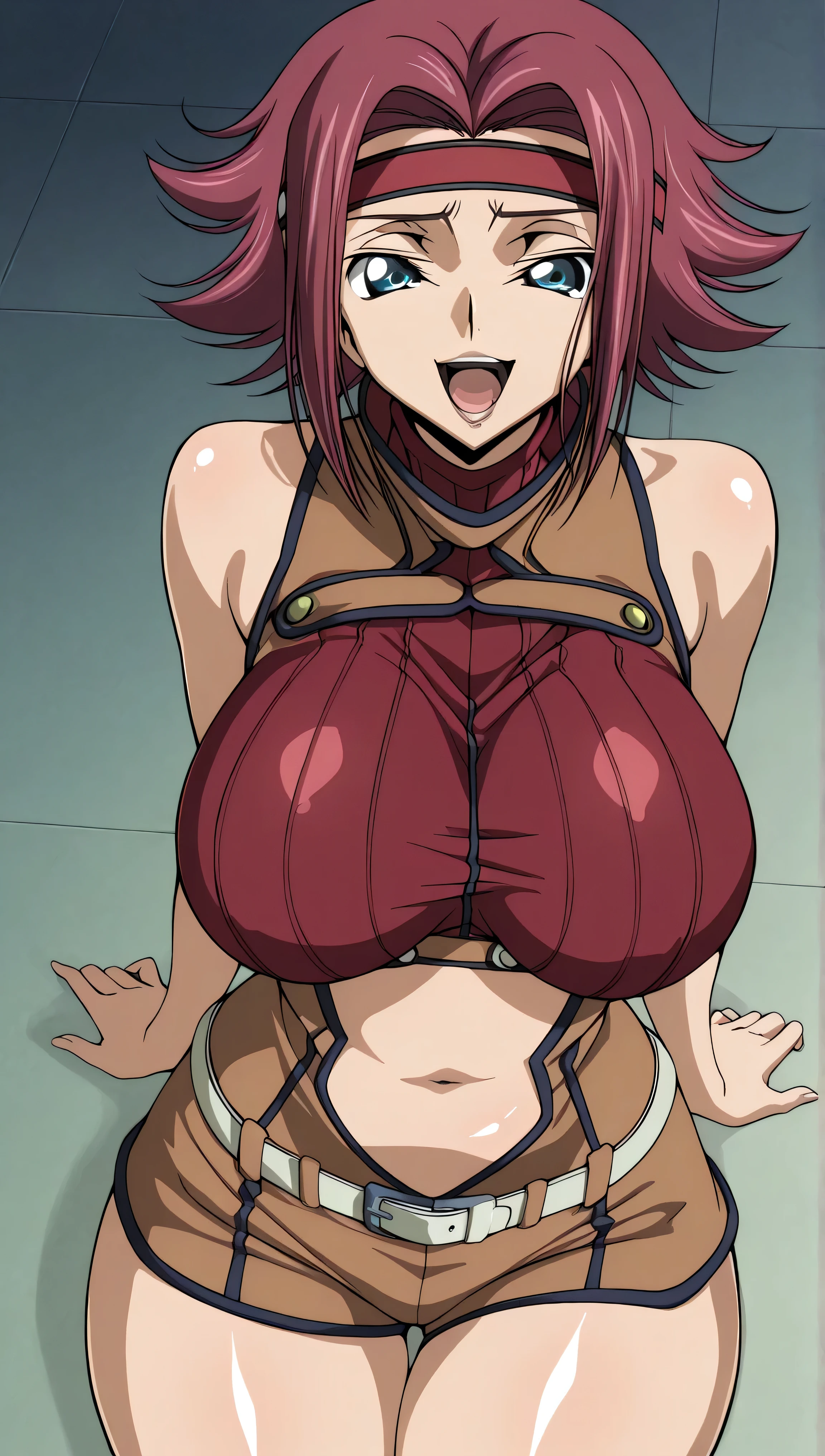 code gias: Lelouch of the Rebellion/Kallen Stadtfeld, blue eyes, Red hair, short hair,
Red hair, spiked hair, short hair, side lock, blue eyes, Red Headband, bare skin shoulders, red turtleneck from above, sleeveless turtleneck, Brown Jumpsuit, , belly button, White Belt, Brown Shorts, , Red thighs,, ,, stare at the viewer on your lips, , (shiny skin:1.5), ,big boobs,big thighs,,(laugh:1.5),stare at the viewer on your lips,anime style,High Quality,masterpiece,very detailed,0bc1w,1girl,solo,belly button,