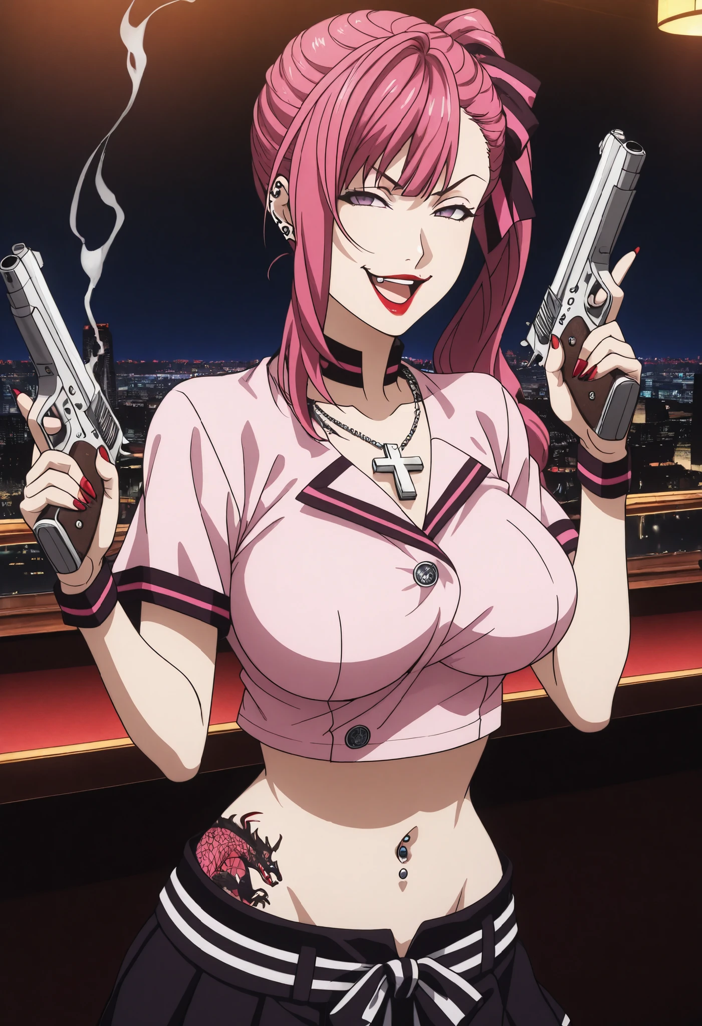 masterpiece, best quality, amazing quality,1girl, solo, BREAK
,pink hair, long hair,side ponytail,hair ribbon,purple eyes, pink sh1rt,black pleated sk1rt, y4naime4, m4sk,
ear piercing, long hair, , lipstick,Hot girl, baddie, smoking, sensual, attractive ,cross necklace, choker,bar background, inside bar, indoors, cityscape, casino, nightclub, city lights,,
,smile, open mouth, () , holding a gun, evil expression, exposed belly, exposed navel, exposed midriff, exposed lower belly , holding pistol, lipstick, navel piercing, medium large  ,looking at viewer , dragon tattoo on waist, narrowed eyes, tattoo on waist, anipai_style , anime screencap , anime coloring, v-shape eyebrows,