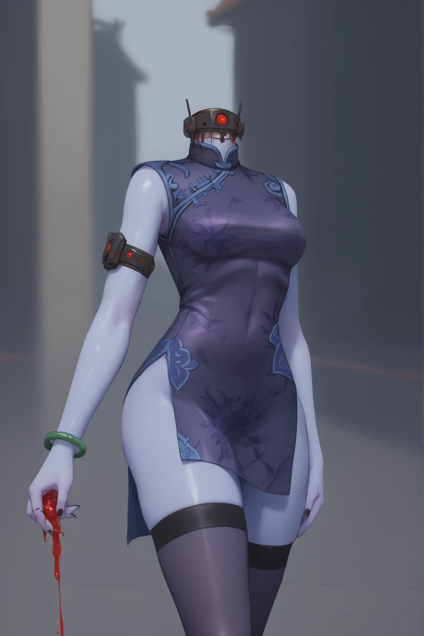 headless,(((headless))),h3ad,widowmaker (overwatch), widowblacklily, china dress, stockings, blue skin, blood, gore, decapitation, beheading, wound, shiny clothes, spasming, hands reaching up to neck, panicking