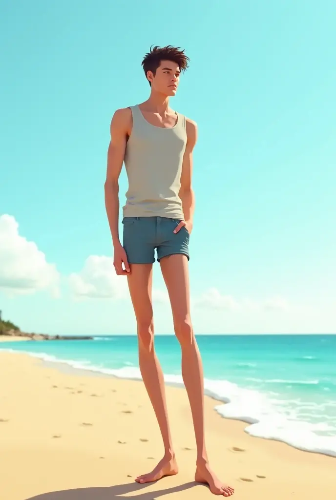 :11:17
Handsome guy , young but dark-haired and a little muscular without a shirt , let your muscles be seen( not so muscular) ,a little sideways , Whole body , that you can see his legs and feet ,with shorts and that the drawing is realistic, that it has shadows and light , who has color ,and that the guy is white with green or blue eyes and dark hair
