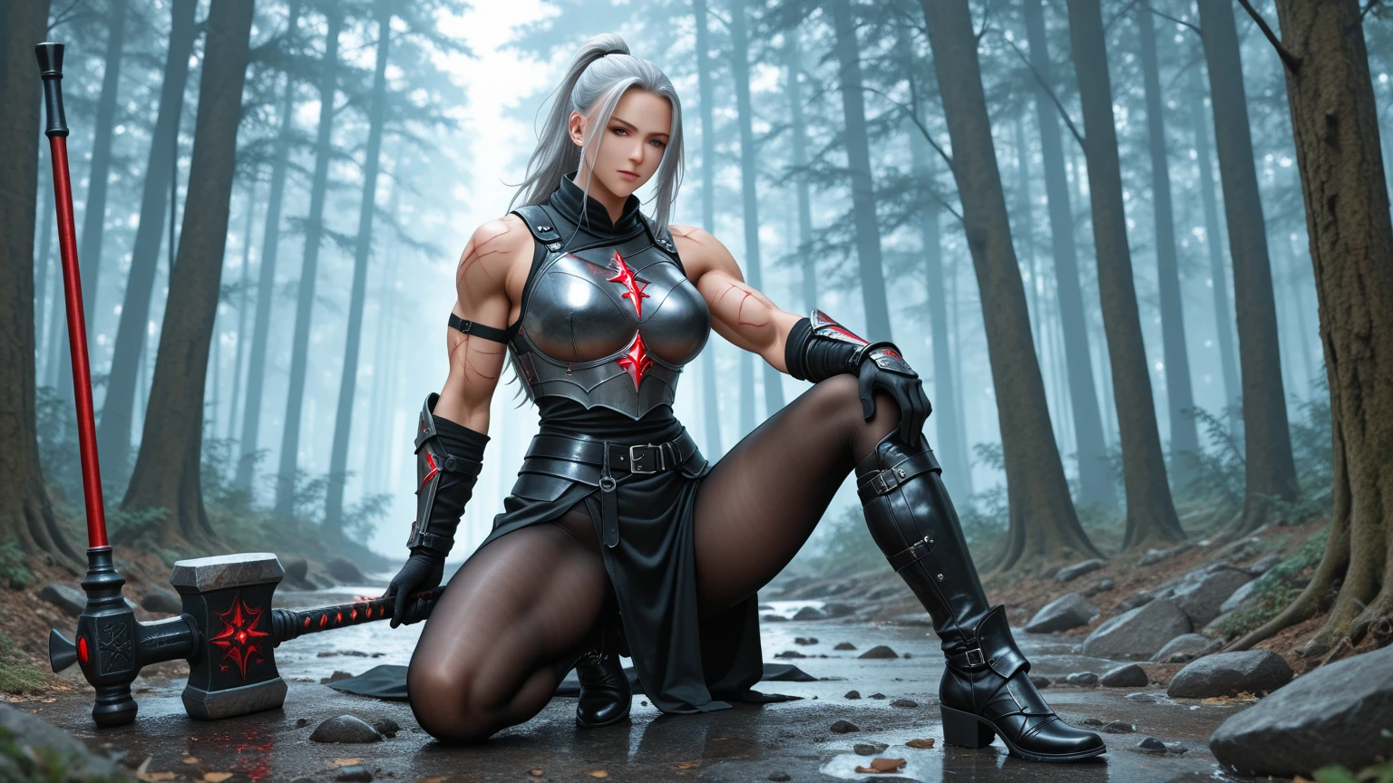 (Numerous award-winning masterpiece, with incredible detail, textures and maximum detail), (hyper realistic:1.4), (Full body image:1.8),((Japanese feudal fantasy world)), (Beautiful oni female warrior:1.8),(challenging and daring  grin on thick lips:1.5) (Serious yet Seductive Gaze:1.9),(oni horns:1.99) best quality real texture reddish skin, (bewitching finely Detailed and beautiful facefeatures:1.6),(Wearing a fall of shoulders short kimono:1.99)(Image of aesthetic and decadent atmosphere:1.9),(muscular and thick body:1.75), (curvy body with large breasts:1.8) (a very mature body shape:1.6) (fair but beautiful reddish skin and face:1.8), (wearing  delicately crafted hairpins:1.8),(Two eyes that emit strong golden light from inside:1.4), ((dramatic photo)), ((cinematic light)),(dramatic pose), ( bewitching light:1.4), (beautiful long silver hair, Wind Effects:1.6), (road of an old feudal castle:1.7), (forest:1.6), pic realistic, faded, ((neutral colors)), art, (hdr:1.5), (muted colors:1.2), hyper detailed, (art station:1.5), cinematic, warm lights, light effect, dramatic light, (intricate details:1.1), complex background,