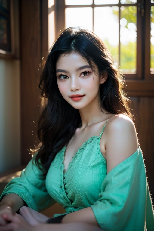(((Realistic photograph))),A full-body photograph:2, beautiful girl, View your audience, She is naked and only wearing a green lace T-shirt.:1.5,(Cleavage:1.3),Photograph taken at the infinity poolside of a 50th floor hotel in Manhattan, New York:2.52、(Environment details:1.3),(RAWphotograph, CG unity, photograph, ultra Realistic details, Sharp focus, Detailed skin,4K, High resolution, masterpiece, Highest quality, Realistic, Vibrant:1.2),(32k,16k,8k,4K, 超High resolution, High resolution, Professional, Like a movie, movie, dramatic),Looking up at the camera:1.33