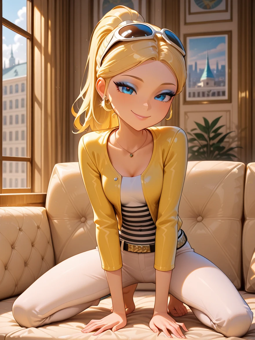 (8k, RAW photo, best quality, masterpiece:1.2), (intricate details), perfect eyes, perfect face, perfect lighting, beautiful, (masterpiece:1.2), (best quality:1.2), 1girl, solo, chloe bourgeois, blond hair, ponytail, sunglasses on head, arrogant, haughty, haughty smile, grin, (medium breast:0.5), (average breast), full body, sitting on the sofa, dressed, yellow jacket, shirt, white pants