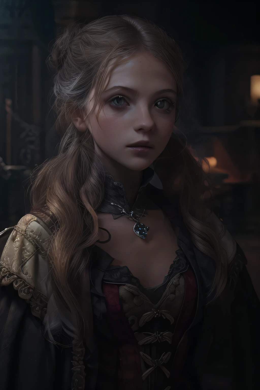 ((best quality)), ((masterpiece)), (detailed), perfect face (((mastepiece, of the highest quality, super detailed))), ((plain dark background)), ((photorealistic)), Dark fantasy art, dark fantasy, ((gothic art)), ((Bloodborne inspired)), (Georgian era inspired), human female, (occultic vibe), (cosmic horror vibe), (beautifully fine and intricate white embroidery), (occultic academic uniform), (academic witch), (smart and intricate small jacket top), ((black intricately detailed gothic uniform), (thigh length puffy breeches), (thigh high buckled boots), (fluffy clothing), ((((Highly detailed face)))), small thin nose, Small thin lips mouth, (((Very sharp focused eyes))), ((perfect symmetrical beautiful eyes)). looking here, (resolved expression), (resolute expression), ((dark and gloomy)), ((small breasts)), ((blonde)) hair, ((long ponytail, thick ponytail, heavy ponytail)), very long eyelashes, (dynamic poses), character design, (((petite))), (((petite breast size))), (((very small breasts))), (((little breasts))), (((tiny breasts))), (((flat chest:0.1))), (((very tiny breasts))), (((very flat chested))), (nsfw), soft lighting
