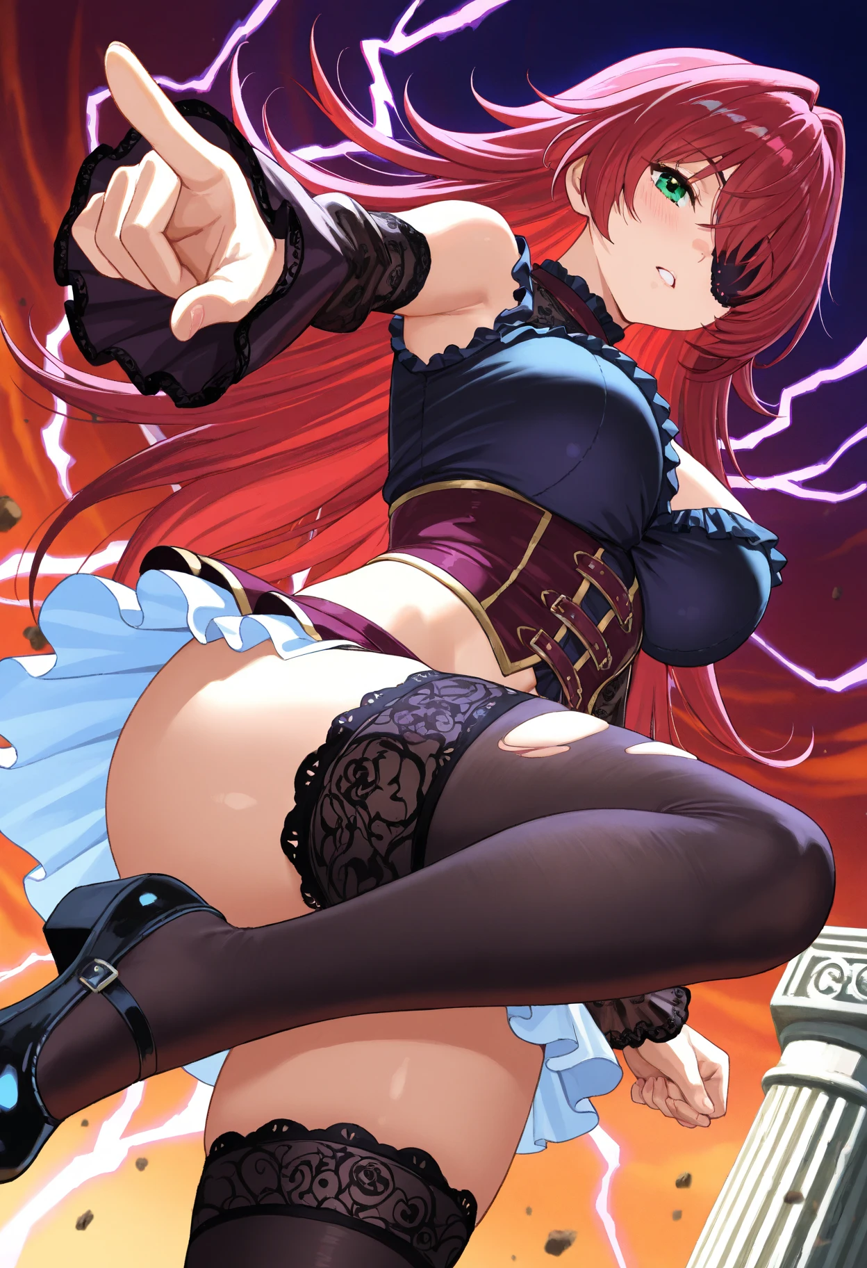 masterpiece,best quality, wizzard, short hair, red hair, ((twin tail)), red eyes, cloak, red_ornamentedium_tits)), exposed belly, 1girl, legs exposed, strikes, Perfect face, short skirt, knee socks,add_detail:1, add_detail:0, add_detail:0.5, moody light,and the sun was shining brightly,8k,hyper-detailing, ((staff_weapon)), from behind, ((ass)), looking back, thong
