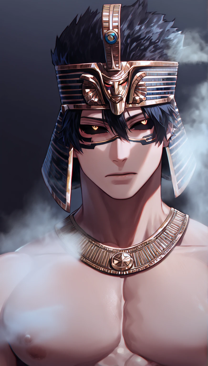 Humanoid creature wearing pharaoh's clothes, with a golden aura around it, with tentacles all over its body, evil look, young, cosmic aura, various tentacles, man, blood on face