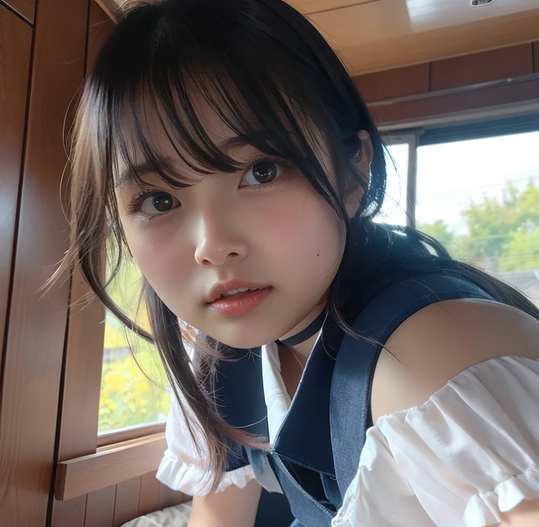 ((White short sleevesセーラー服、女子White short sleeves水兵服))、((Summer clothes、White short sleeves、(Navy Blue:1.1)、Pleated mini skirt、Red ribbon)、I can see your belly button))、1 girl、21 years old、Tight Abs、Slim body、masterpiece:1.3、Highest quality、Raw photo、Bob Hair、Brown Hair、Big Breasts、