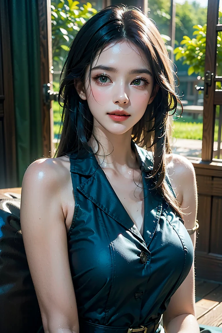 1girl、solo、looking at the audience、Smile、medium long hair、open mouth、Bangs、blue eyes、bare shoulders、jewelry、Upper body、blue hair、earrings、O cabelo multicolorido、collar、virtual_youtuber、Vest、water、Off the shoulders、pink dress、striped hair、tattoo、Floating hair、Headband、Beautiful detailed sky、beautiful water、泼water、Covered with water beads、Sunlight、Ray tracing、masterpiece、facing the camera, huge breast