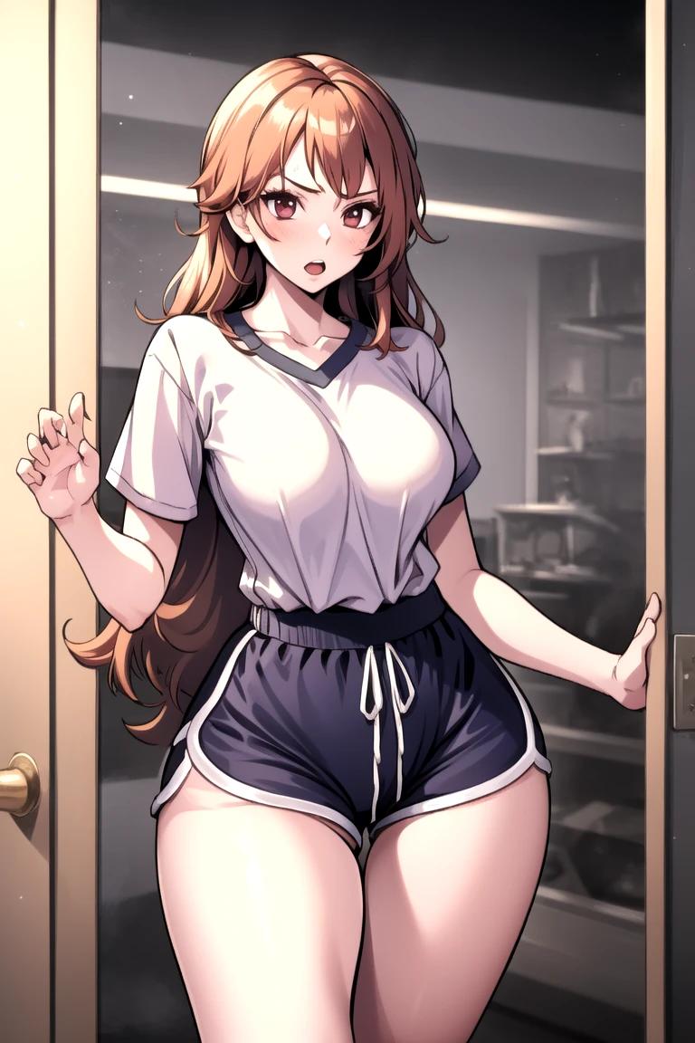 ((Masterpiece)), perfect anatomy, perfect shading, field of depth, (best quality), extremely delicate and beautiful, perfect lighting, detailed face, ultra cute face, cute, (cowboy shot 1.2), looking at viewer, full body, (((1girl))), (((solo))), cheerleader

 long hair, fluffy hair, brown hair, green eyes, ((blush))), embarrassed, worried, (cheerleader uniform), (white tank top 1.2), (short section red skirt 1.2), thigh highs, chocker, extremely tight clothes, large breasts, cleavage, perky breasts, (((wide hips))), ((thick thighs)), ((big butt)), ((plump)), chubby belly, fat rolls, belly hang, she has a jiggly belly,

 Locker room, intricate background, detailed background, sweaty, out of breath, hands on hip
