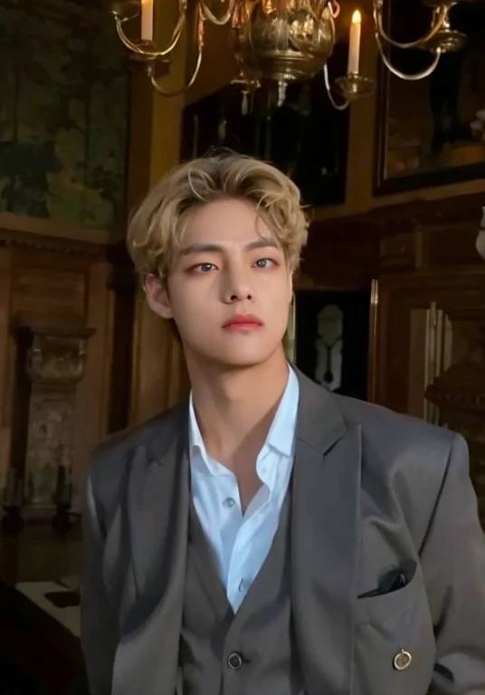 1 boy,male focus, looking at viewer, solo, formal, shirt, suit, black necktie, white shirt, blonde hair, black jacket, short hair, blurry, cxk, Best quality, 4k, rich details, light and shadow, <lora:chickenboy:0.6>