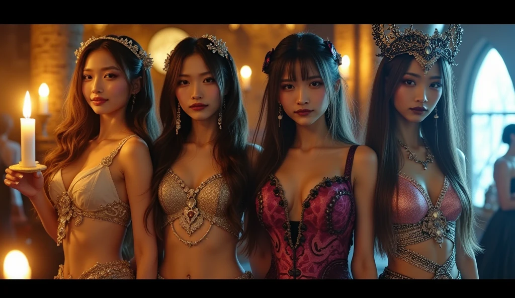 best quality, Clarity, 4k, 8k, detail, actual K-pop stars, ((group photo:1.5)), 3 ultra seductive K-pop superstar brides 22 year old ultra sexual angelic and incredibly gorgeous supermodel bride Girls standing together, (Korean makeup:1.3), Red lips, high quality hands, pink and blue hair, Perfect body, sexy thigh highs, seductive pose standing, FF cupped large breasts, glistening skin, Graffiti crop top, Deep cleavage, cute Checkered striped bridal mini skirt, standing in a beautiful gothic church