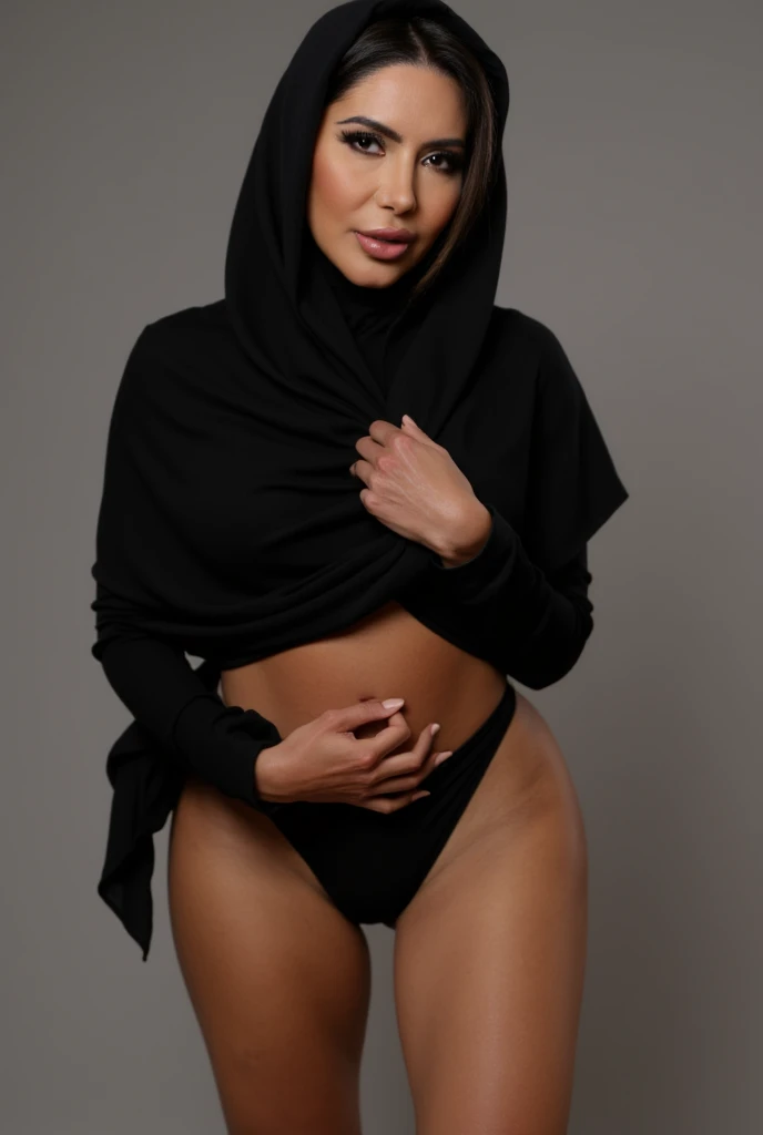 RAW photo,dark,moody,hazy atmosphere,35mm focal lenght,underexposed,cold,candid photograph,artistic,full body,photo of a beautiful,influencer,30yo Arab woman,hijab,detailed skin,fully naked,looking at viewer, thick body structure,grey background,no background, candid pose,dim room,blue light, film grain, kodak color, instagram LUT