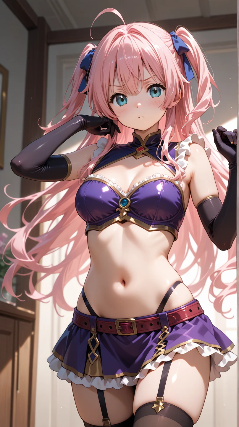 {{{Beautiful adult woman}}},{{Vocaloid Megurine Luka}},Pink long hair,Blue Eyes,Big Breasts,,{{{lure}}},{Dynamic Pose},bed,