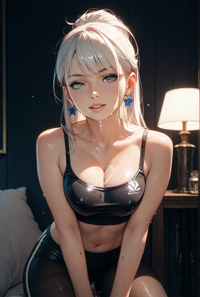 （lifelike， high - resolution：1.3）， 1 girl with a perfect body，slender body, Super fine face and eyes，assasin, dark makeup, shiny skin，white hair, (girl caught in a sex machine)，Expose cleavage, (sex machine, restrained, bound, bdsm, object insertion, smachine) (wet skin, shiny skin), horizontal, landscape, pleasured face, drooling, cumming