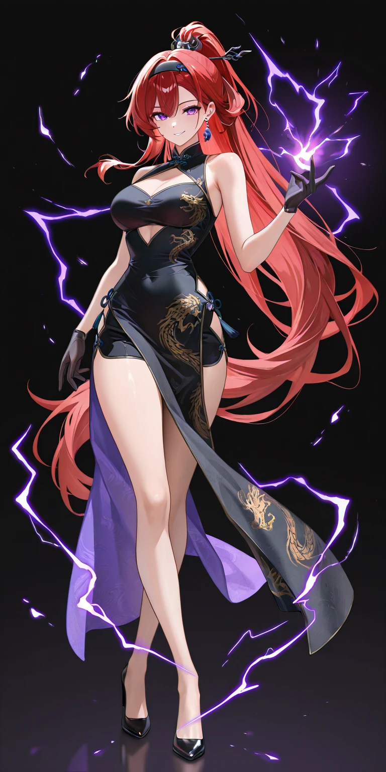 ((1girl, solo)), beautiful body, (perfect anatomy, perfect body, perfect hands, perfect legs), natural proportions, sexy body, large breasts, ((full body, full body front)) BREAK
((extremely detailed face)), (beautiful detailed eyes:1.6), (realistic pupils, realistic iris:1), expressive eyes, looking at viewer, (clear eyes:1.3), (hyperrealistic:1.2), (detailed skin texture:1.2), smooth skin, ((purple eyes)), (red hair:1.5), long hair, very long hair, high ponytail, bangs, sidelocks, ((drill earrings)), hair ornament, hair stick, ((black hairband)), ((mature female)), ((little smile)), (detailed lips:1.2), (attractive lips:1.1), (glossy lips:1.1), (parted lips), perfect face, perfect eyes BREAK
(masterpiece:1.5), anime-style, top quality, best quality, (beautiful and aesthetic:1.2), (ultra detail:1.5), Ultra-detailed depiction, Ultra-precise depiction, extremely detailed 8k illustration, high resolution, (highly detailed shading:1.2), (realistic lighting:1.4), perfect lighting, vibrant colors, dynamic tones, striking hues, 8k, absurd resolution, perfect shadows, hdr, UHD, ambient lighting, realistic, ultra-realistic, photo realistic, highly detailed, rich detail, luminous colors, fine texture, intricate design, professional illustration, (soft light:1.2), (illustration:0.7)