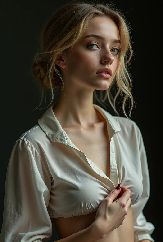 (dark mood masterpiece Photography by Mario Giacomelli:1.2), evil slavic woman, pale skin, long dark blond hair, Stunning b&w 35mm full body photo of a beautiful, perfecteyes, dark circles under eyes, highly detailed skin, (lightest freckles:0.9), standing in a casual pose with her hands on her nipples. wearing (wide-open:1.34) white_silk_shirt. unbuttoned shirt. (nipslip:1.4). a loose-fitting oversized men's unbuttoned shirt, open white business shirt. intricate poses by ruth bernhard. (Photography and style by ruth bernhard). 35mm, Hasselblad. capturing fashion-forward visuals, creating visual impact,evoking emotion,pushing creative boundaries. golden hour, shot from the side, playful pose, god rays,artistic photoshoot