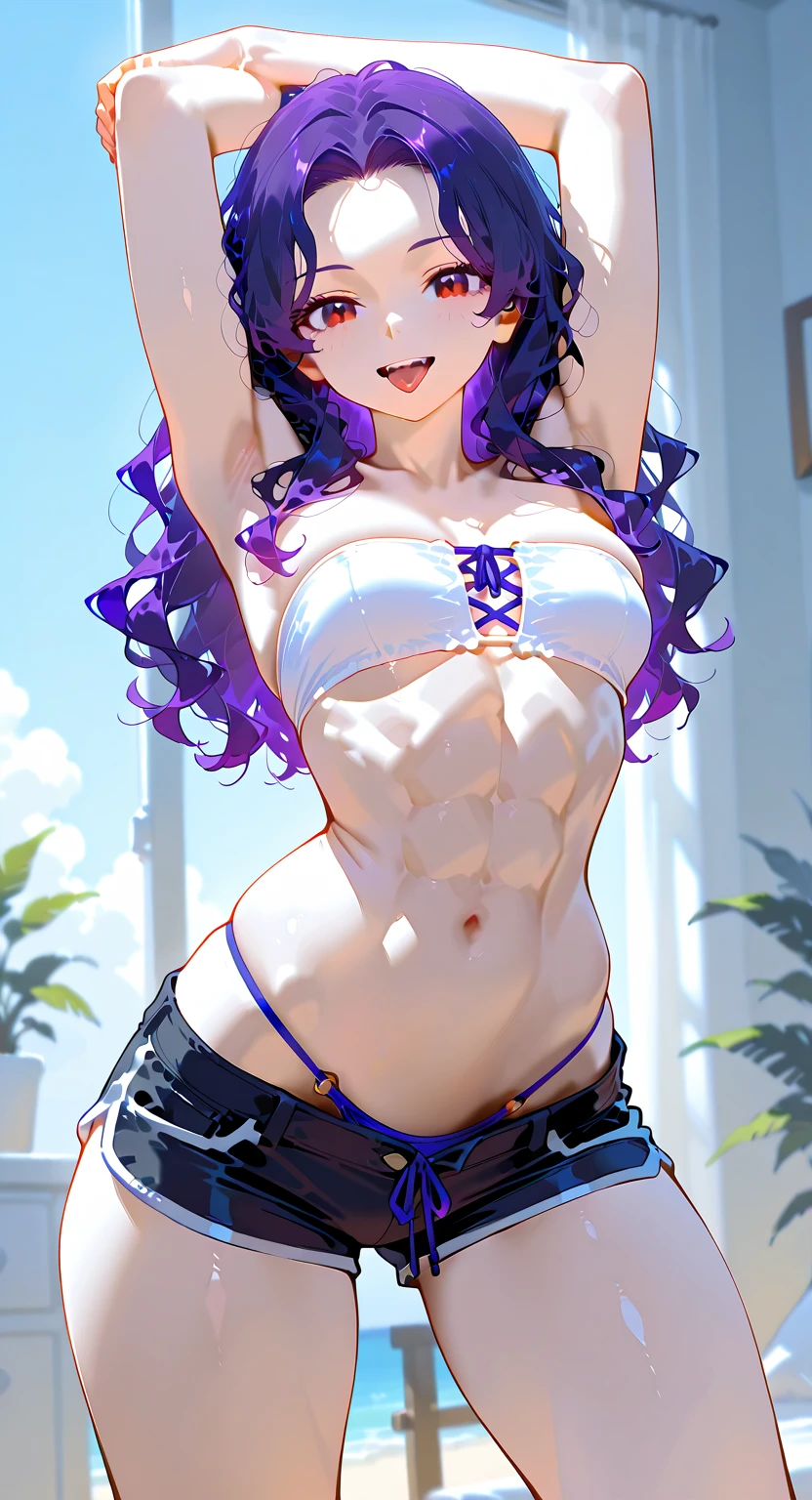 Minya Johnson, Mini Yaemori, long hair, bangs, black hair, blue hair, (purple eyes: 1.1), multicolored hair, blunt bangs, highlighted hair, Ahoge, (wearing a very short and sexy bikini), black high heel shoes tall, muscular thighs, muscular abdomen, thin waist, wide hips, all wet with sweat, Looking at the spectators, (masutepiece: 1.2), best quality, high resolution, Unity 8k wallpaper, (illustration: 0.8), (beautiful Detailed eyes: 1.6), More detailed face, perfect lighting, extremely detailed CG, (perfect hands, perfect anatomy) mforah、Double teeth、show smiles、sitting on chair cross-legged,