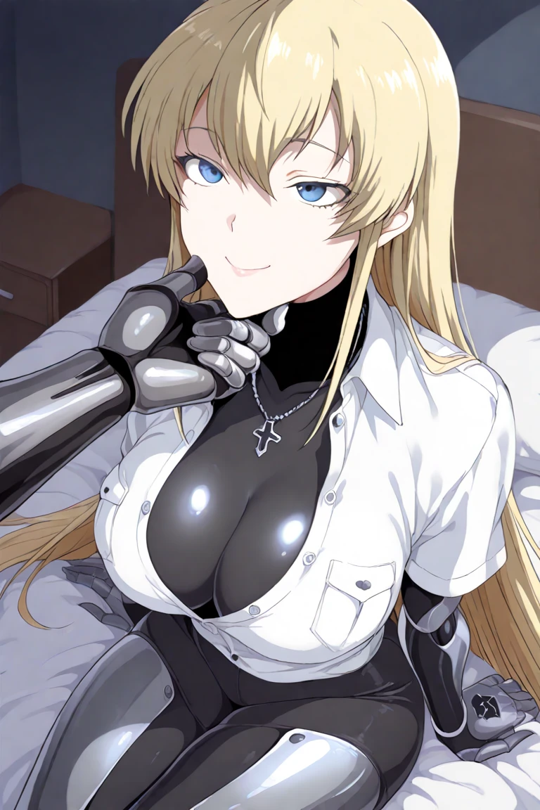 ((best quality)), ((highly detailed)), masterpiece, extremely detailed face, beautiful face, (detailed eyes, deep eyes), (1girl), cowboy shot, utsushimi camie, blonde hair, brown eyes, peaked cap, black bodysuit, cameltoe, unzipped, cleavage, no bra, breasts out,nipple (in a bedroom)