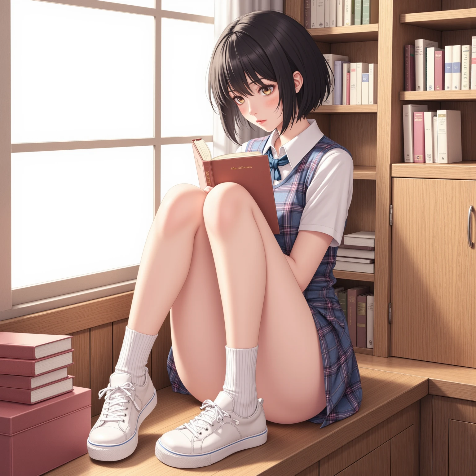 Girl --s2: (high resolution, ultra-detailed, young and elegant), school uniform: plaid skirt, white blouse, knee-high socks, Mary Jane shoes, messy ponytail, rosy cheeks, freckles, sitting cross-legged on a plush mat, surrounded by colorful books and stationery, lost in thought, holding a pencil and sketchbook, expressing creativity and concentration. (Delicate details: wrinkles on her forehead when she focuses, subtle blush on her cheeks, shadow of her ponytail casting a soft glow on her face.)