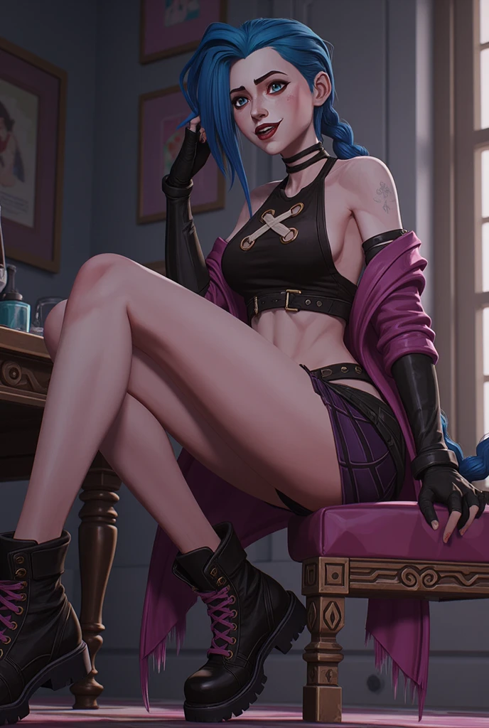 there is a woman with blue hair and a black top sitting on a floor, portrait of jinx from arcane, jinx from arcane, jinx from league of legends, deviantart artstation cgscosiety, arcane jinx, rossdraws and jazza, rossdraws cartoon vibrant, kda, extremely detailed artgerm, style artgerm, fanart best artstation