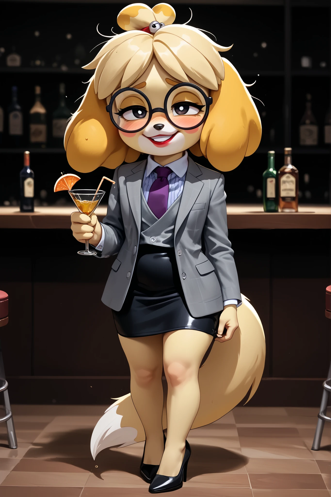 score_9, score_8_up, score_7_up, score_6_up, source_anime, three-piece suit, 1girl, thin-frame round glasses, formal, jewelry, suit, purple necktie, earrings, jacket, (((grey waistcoat))), shirt, (((grey jacket))), striped shirt with white collar, (black leather skirt), makeup, Score_9, score_8_up, score_7_up, high heels, white collar and cuffs
isabelle \(animal crossing\) , cute, source_furry, nightclub, (((drunk))), holding cocktail glass, shortstack, big head, tail, smirk, dynamic pose, lipstick, louboutin heels, stilettos, lidded eyes, (((stumbling))), inebriated, ((messy hair)), crooked glasses, off balance, swaying, drunk bubbles, flushed face, yellow fur