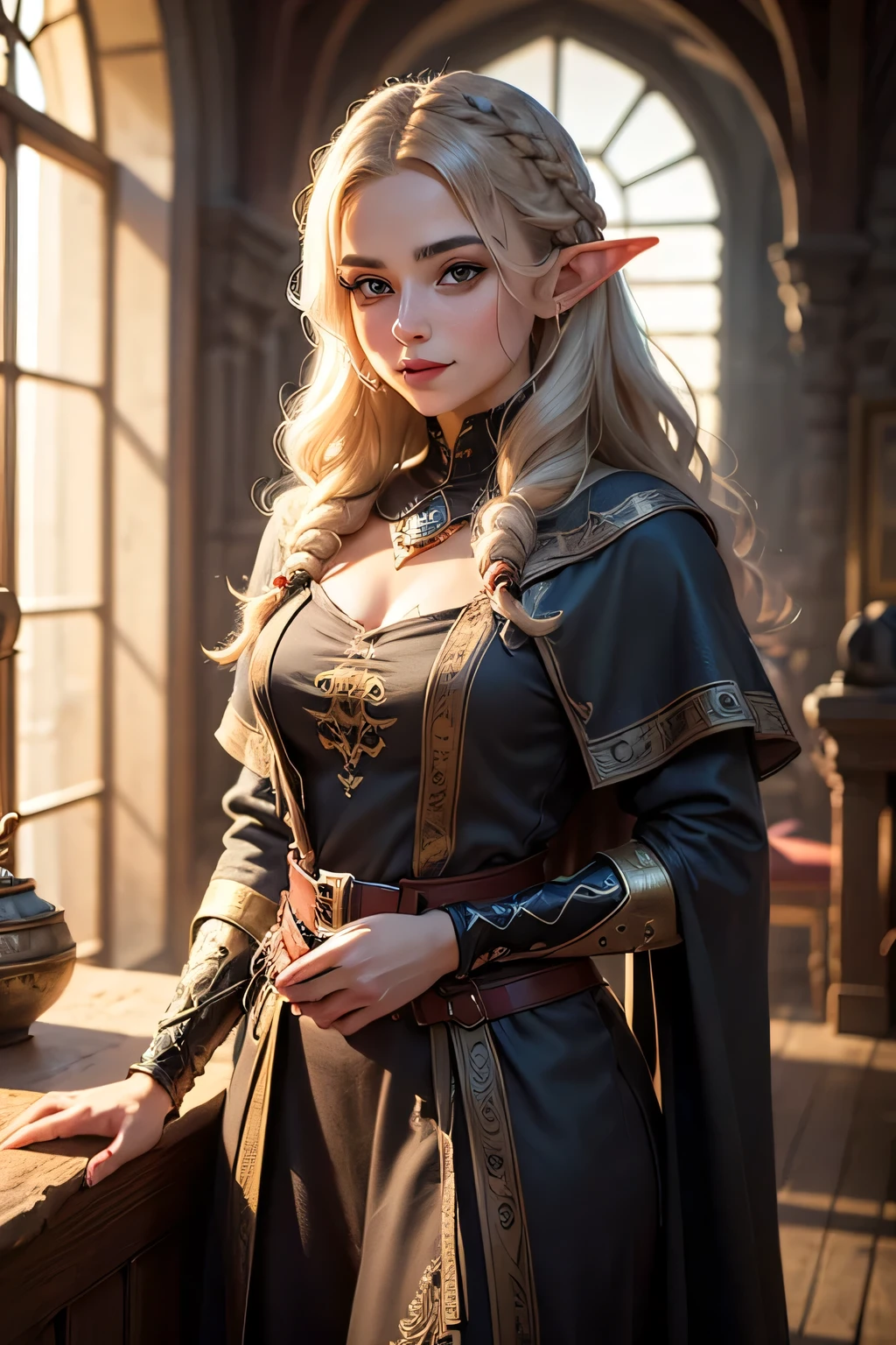 (skindentation:1.5), realistic, photorealistic, (masterpiece:1.5), concept art, intricate details, highly detailed, octane render, 8k, unreal engine, dynamic pose, best quality, highres, ((dramatic)), epic, depth of field, 8k, particles, (realistic face:1.1, hyperrealistic:1.1), ((1girl, close-up, medium breasts, perfect eyes, detailed eyes, high quality eyes, perfect_face, high quality face, shiny skin:1.2, shiny face:1.2, embarrassed, blush:0.8, green eyes)), server, rustic tavern interior in background, pitcher, sign, jovial fantasy atmosphere, detailed background, blurry wooden bar table as foreground, (((elf, pointy ears, blonde hair, perfect hands))), ((archer, archery, extremely intricate cloak, leather armor, leather belt, boots, padded cloth, gloves, bracers, bow, quiver))