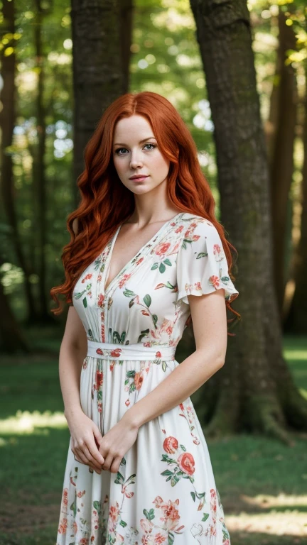Margaux Dupont, 1girl, solo, realistic, ((long auburn hair)),((medium breasts)), (((consistent face and image))), ((Caucasian mature)), ((Belgian woman)), ((Belgian nose)), ((Belgian lips)), ((Belgian body and skin)), ((upper body and upper legs)), blue floral Sundress, Setting: picnic dates