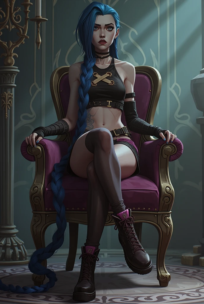 (Evangeline Lilly:Margot Robbie) is jinx from league of legends, sitting in a throne made of junk, pale skin, blue messy hair with long breads, boots, skinny body, small breasts, Full body, Beautiful anime waifu style girl,hyperdetailed painting, luminism, art by Carne Griffiths and Wadim Kashin concept art, dark background, abstract beauty, approaching perfection, pure form, golden ratio, minimalistic, dark atmosphere, unfinished, concept art, intricate details, 8k post production, high resolution, hyperdetailed, trending on artstation, sharp focus, studio photo, intricate details, highly detailed, steampunk