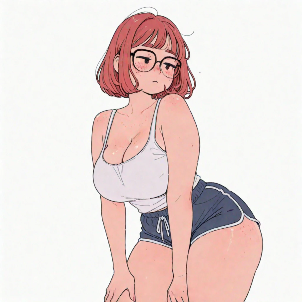 1 woman, long wavy orange hair, green eyes , sly face , glasses , white tank top , black bikini , abdomen, big breasts , Put your hands on your hips. , canvas shoes , public