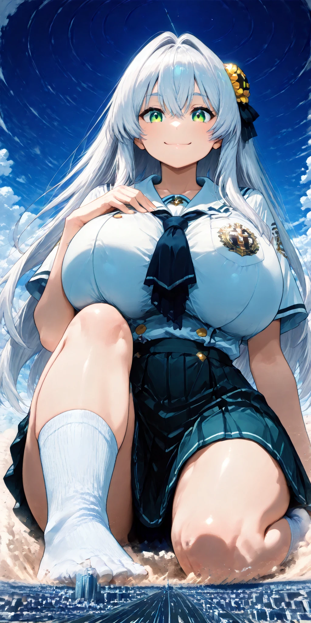 ((Close to super big breasts lying on the ground)), 1girl, solo, (very super big boobs, A woman's moisturized body, beautiful skin, Rin々Shikumo has a cute smile, Smile), (((super yotta over size giantess:1.4))), ((Extremely detailed ultra-fine small city, collapsing city, Dust cloud)), Outdoors(From directly above the giant:1.3), (Super quality Best masterpiece, Highest image quality, super high resolution, Super precise art quality), best quality,
((accurate 3Point perspective drawing, Very Accurate Perspective)), ((Ultra-wide field of view, the closer the more huge depiction, The unique depiction of depth of field of an ultra-wide-angle lens)), (Rubble Mountains, Tsuchi-Tsunami, The ground rolls up), ((An even more gigantic, impactful depiction of a giant woman with devastating power:1.5)), Oblique 45 degree perspective,