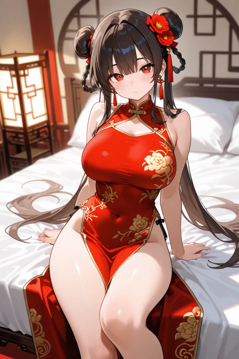 (perfect anatomy, anatomically correct, super detailed skin), 1 mature woman, solo, japanese, (detailed ultra-oily shiny skin:1.1), watching the view, (smile:1.5, happiness), 
((metallic red chinese costume, red lips), (embroidered cloth shoes), open chest wide, valley), 
beautiful hair, beautiful face, beautiful detailed eyes, red eyes, (long hair:1.5, twin tails :1.7), black hair, (large breasts:1.2), (cute face), (Ideal ratio body proportions), 
beautiful clavicle, beautiful body, beautiful chest, beautiful thigh, beautiful legs, breast, bare foot, bare arm, slender, small buttocks, skinny legs, 
(beautiful scenery), wedding background, candlelight night in the cave house, wedding scene, red lantern, festive atmosphere, (kneeling position), (point you by ass), 
(8k, top-quality, masterpiece​:1.2, extremely detailed), (photorealistic), beautiful art, visual art, depth of fields, cinematic lighting, surrealism, elaborate design,