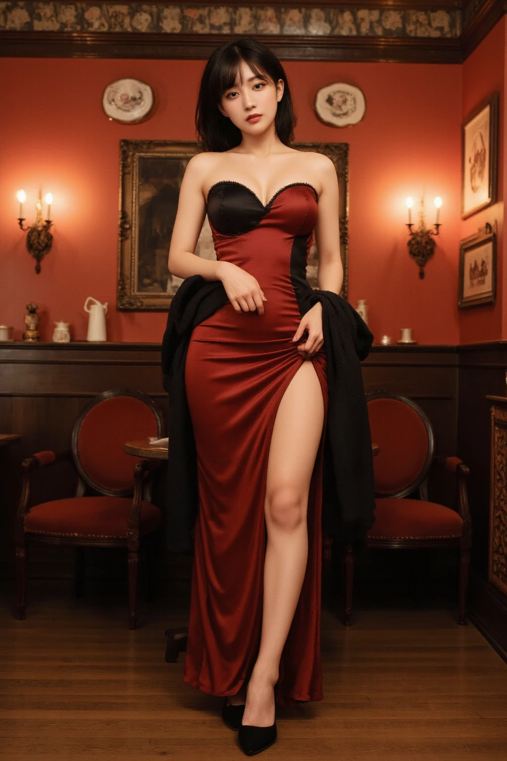source_anime,1girl,shine stiletto_heels,full_shot,indoor,red background,black floor,chair,flower,sitting,katou megumi,bangs,brown hair,wedding_dress,holding_fan,crossed_legs,looking at viewer,