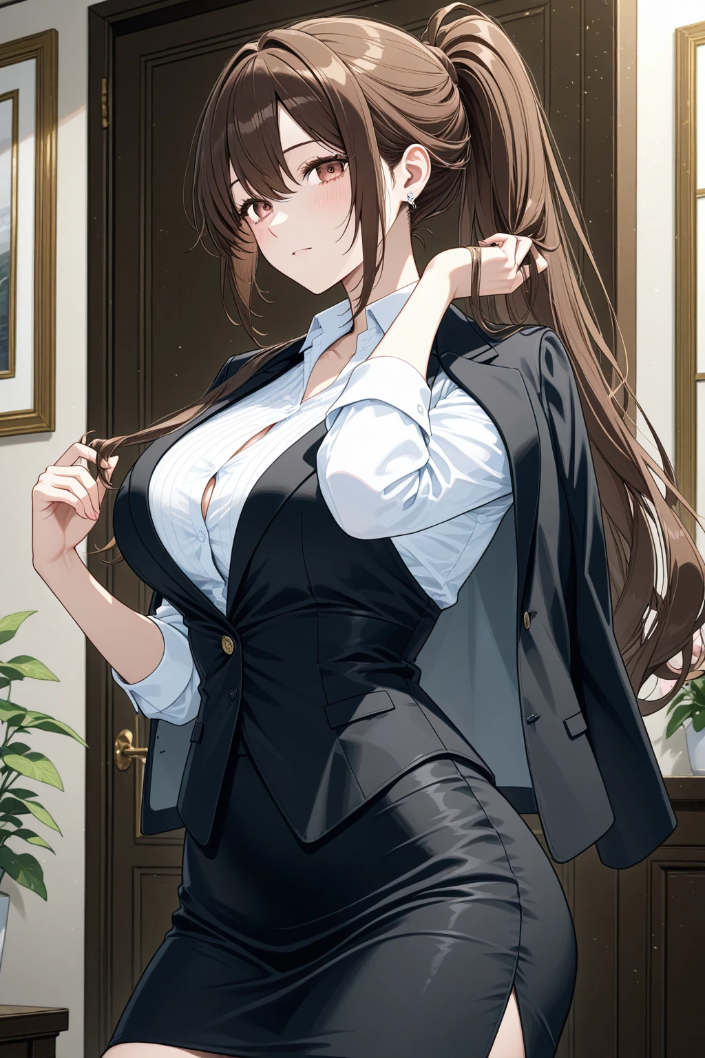(A superb exquisite yukinoshitaYukino),(yukinoshitaYukino:1.5), (oregairuUniform:1.5), brown eyes, black hair, natural straight hair, straight bangs, solo, nature, extremely delicate, straight facial features, peerless beautiful girl, soft, (sensual face), ((ecchi face)), dreamy quality, exaggerated facial features, solid color, frank holly, delicate face, bright lips, slender waist, soft curves, real light and shadow, super fine, 4k, natural moving, Ultra high resolution, (masterpiece:1.2, best quality), (finely detailed beautiful eyes: 1.2), (beautiful detailed face), sexy semi-nude model, sexy pose, Ultra high definition white bra and panties, erect nipples,Medium chest, slender body, (bedroom),