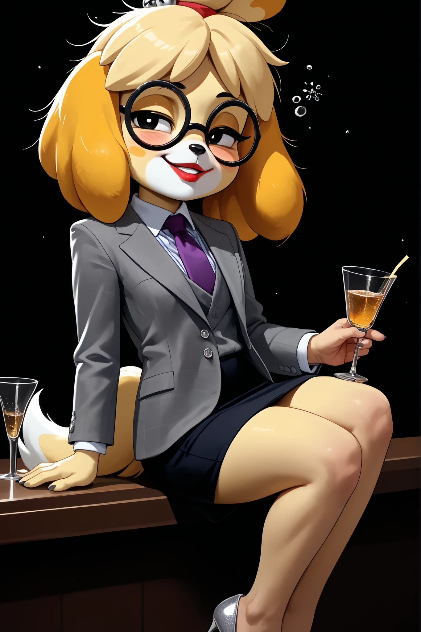 score_9, score_8_up, score_7_up, score_6_up, source_anime, three-piece suit, 1girl, thin-frame round glasses, formal, jewelry, suit, purple necktie, earrings, jacket, (((grey waistcoat))), shirt, (((grey jacket))), striped shirt with white collar, (black leather skirt), makeup, Score_9, score_8_up, score_7_up, high heels, white collar and cuffs
isabelle \(animal crossing\) , cute, source_furry, nightclub, (((drunk))), holding cocktail glass, shortstack, big head, tail, smirk, dynamic pose, lipstick, louboutin heels, stilettos, lidded eyes, (((stumbling))), inebriated, ((messy hair)), crooked glasses, off balance, swaying, drunk bubbles, flushed face, yellow fur