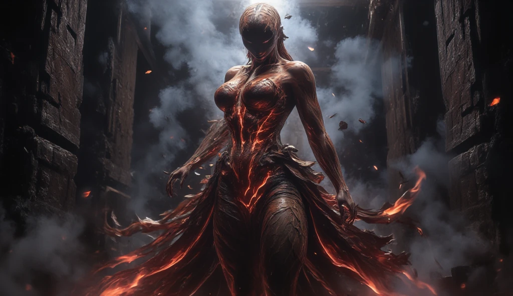 A towering, skeletal figure stands over 20 feet tall, its bony frame wreathed in flickering, ethereal flames. Its elongated, misshapen skull has hollow, sunken eye sockets that seem to pierce the soul. Wisps of smoke curl from between its exposed, jagged teeth. Massive, clawed hands tipped with razor-sharp phalanges hang at its sides, radiating intense heat. As it moves, the ground trembles beneath its thunderous steps, leaving a trail of smoldering destruction in its wake.