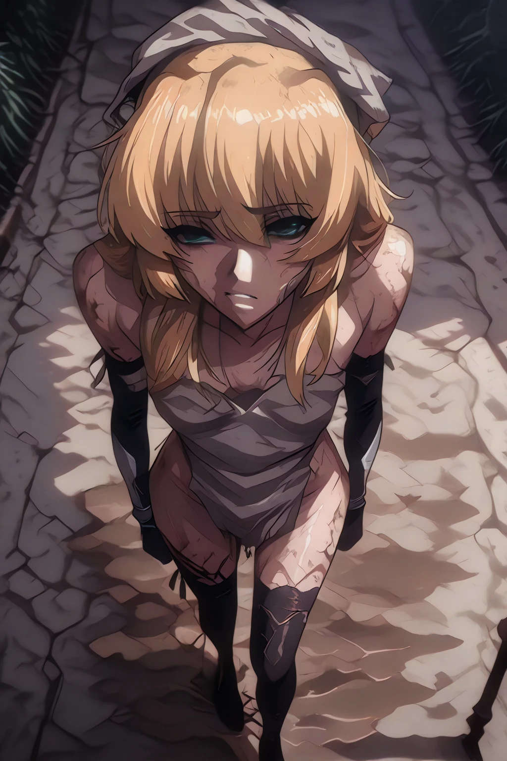sekijou sawako, shibari, anime picture, bondage, bound, brown sack covering whole head, arms up, stripped, best quality, ultra-detailed, high resolution, extremely detailed cg, unity 8k wallpaper, masterpiece, perfect skinny body, femsub, BDSM, light blue panty, black bra, small breasts, at night, standing, dark room, Sekijou Sawako, ??????? room, tied up tight wrist together above head with suspension rope from ceiling, tied up ankle together, standing nearby wall, bracing,