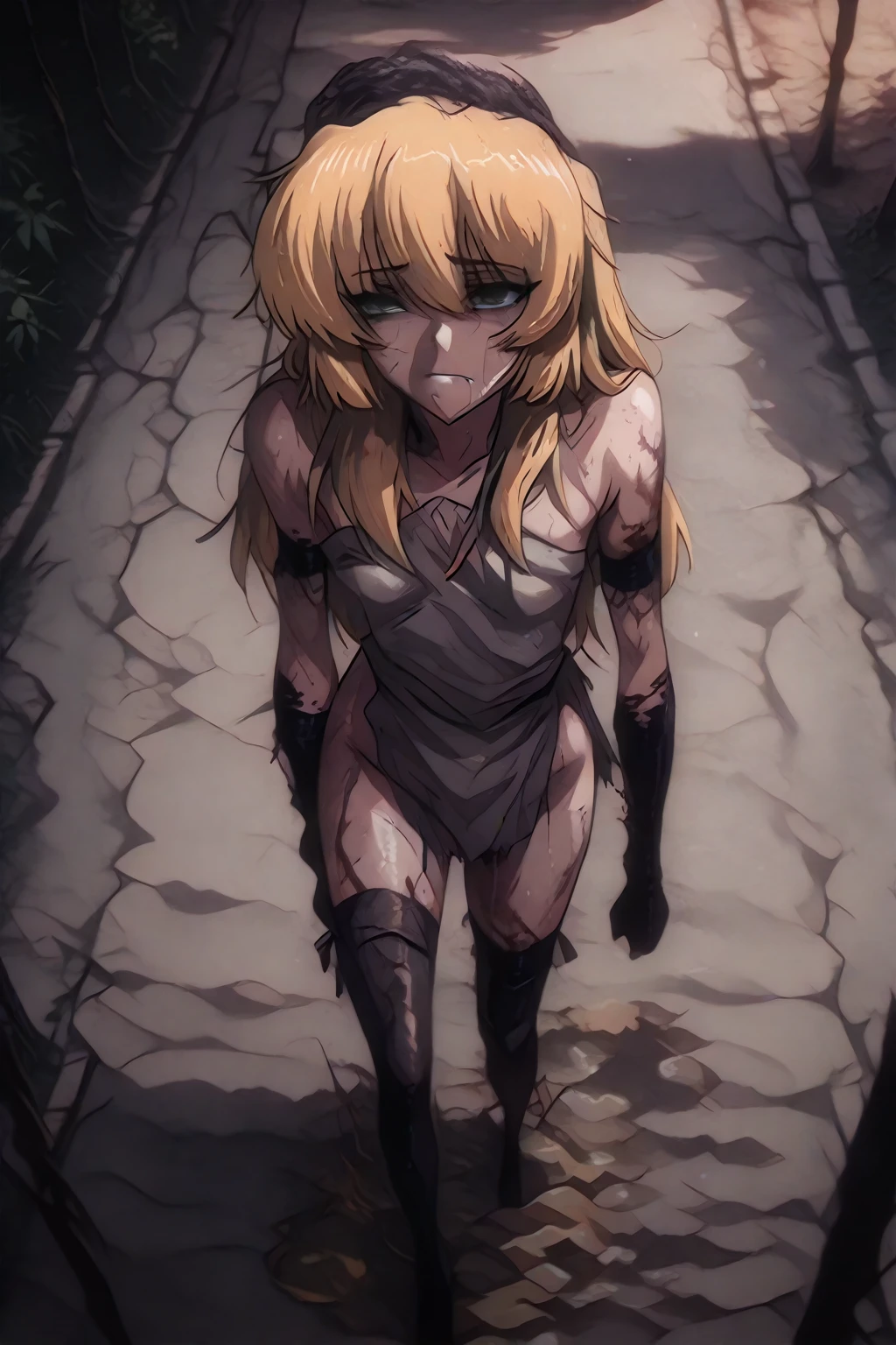 ((Highest quality)), ((masterpiece)), (family friendly), Perfect Face, (High resolution), (Best Shadow), 8k, cinematic, (Realistic:1.4),dramatic, attractive, (((((Perfect Anatomy)))))、(((((Anatomically correct ankle)))))、(((((Anatomically correct legs)))))、 ((((Crouching pose with hands behind head and legs apart)))))、(((((Pose with arms folded behind the head)))))、(((((Correct finger on abdomen))))),Lightly clenched fists、 (Pure white skin:1.1), Muscular and voluptuous body,(((Realistic big breasts)))、BIG ASS、Wide hip、((((Long limbs)))))、((((Long neck)))))、((((Long blonde hair)))))、(((Trained abdominal muscles)))、Drenched in sweat、(((A brand new plain white スポーツブラ that has become see-through due to sweat,tight)))、(((((Plain white high leg panties that become transparent with sweat、Sports Type)))))、(((((Plain white high leg panties that become transparent with sweat、tight, too small、Micro bikini panties)))))、((dark blonde))、((Blue eyes))、((((An innocent look of victory、The innocent smile of victory。Bitter smile))))、A modest grave in an old abandoned building in Japan、 (((((The gravestone is unsigned、Very easy、Very Old))))),(((((Japan Tomb)))))、(((soil))), (sunny:1.4), ((((Wide, Midsummer blue sky))))、Extreme heat、(((Hard erect large nipples)))、(((attractive big areola)))、look up、(((((Ideal barefoot)))))、(((((Anatomically correct barefoot)))))、(((((Realistic bare feet)))))、(((((Make all the graves very old、Make it very small,Simple Build))))))、(((((Make all graves very old and smsall、Weathered and broken)))))、(((Midsummer Forest、The blazing sun、Large, white cumulonimbus clouds)),(((Thighs on bare skin)))、,(((Don't put anything on your thighs)))、(((No skirt)))、(((((On the barren earth、full of weeds))))、(((((Exhibitionism)))))、