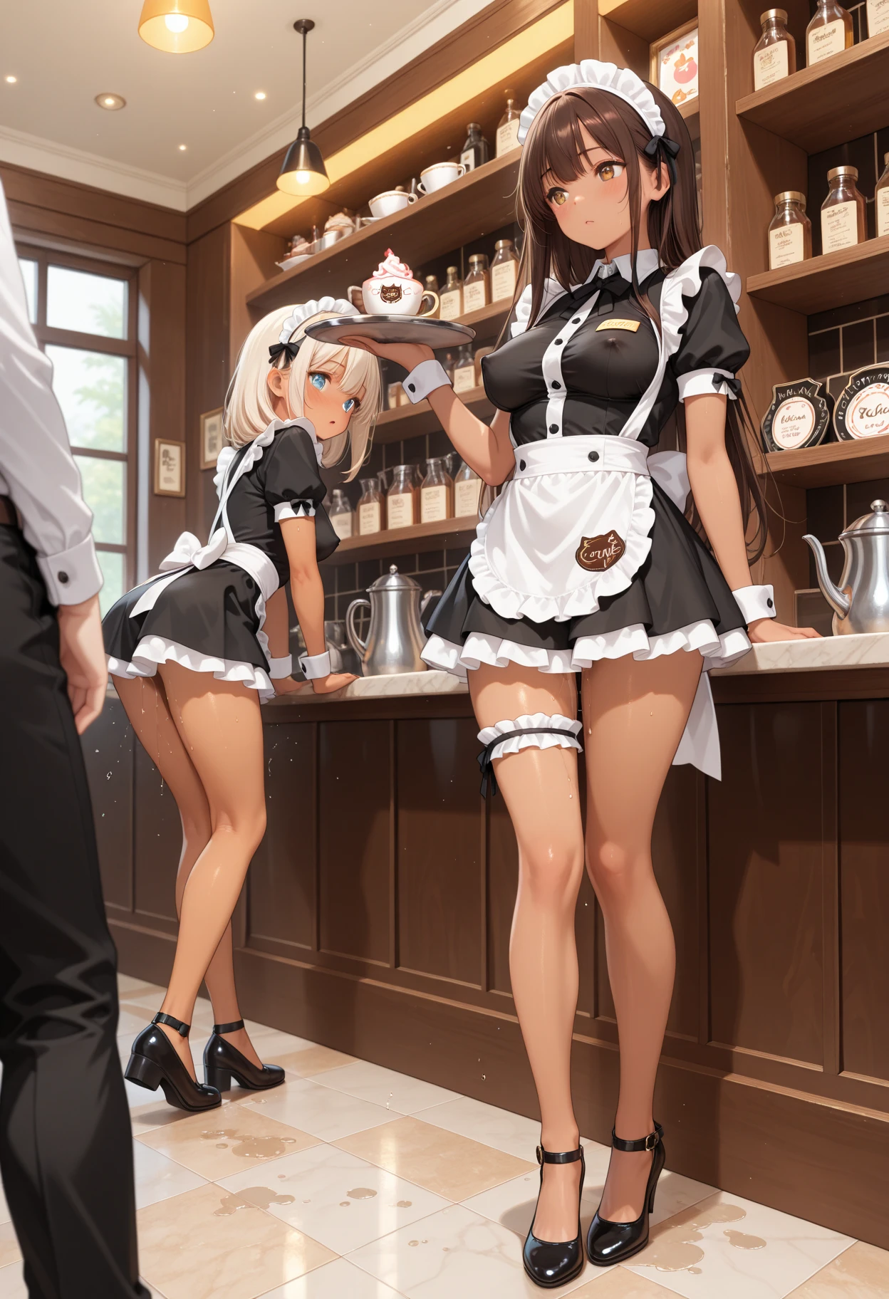highest quality、masterpiece、((2 women))、((smile:1.3))、(blush:1.3)、Black Shirt、blouse、((fun!!))、(Small breasts)、()、Blonde、(Long sleeve)、((White apron:1.5))、((Maid))、((hair ornaments)),、Kamimei、look at me、 ((in house:1.5))、 Taking a break from watching the audience、Cowboy Shot、(Skirt lift:1.3),(Highly detailed striped panties:1.3)、(Highly detailed panties:1.3)、、(スカート that rolls up:1.3)、(Panties fully exposed:1.5)、Light blue eyes、long hair、Glowing Eyes