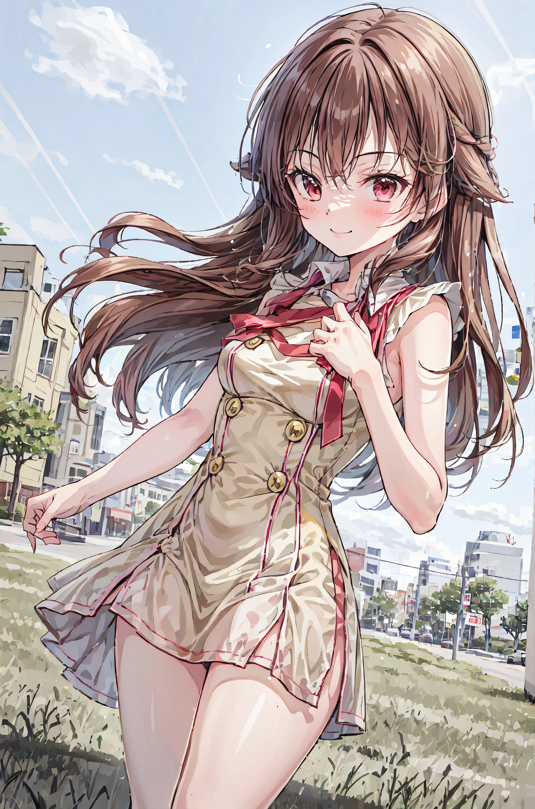 masterpiece,best quality,1girl,solo,Outdoors,blush,Watch Viewers,Serofu,smile,glass,Bang,null,blue nully,cloud,medium chest,hair between eyes,gray hair,Red Eyes,Arms on back,simple clothes,long hair,