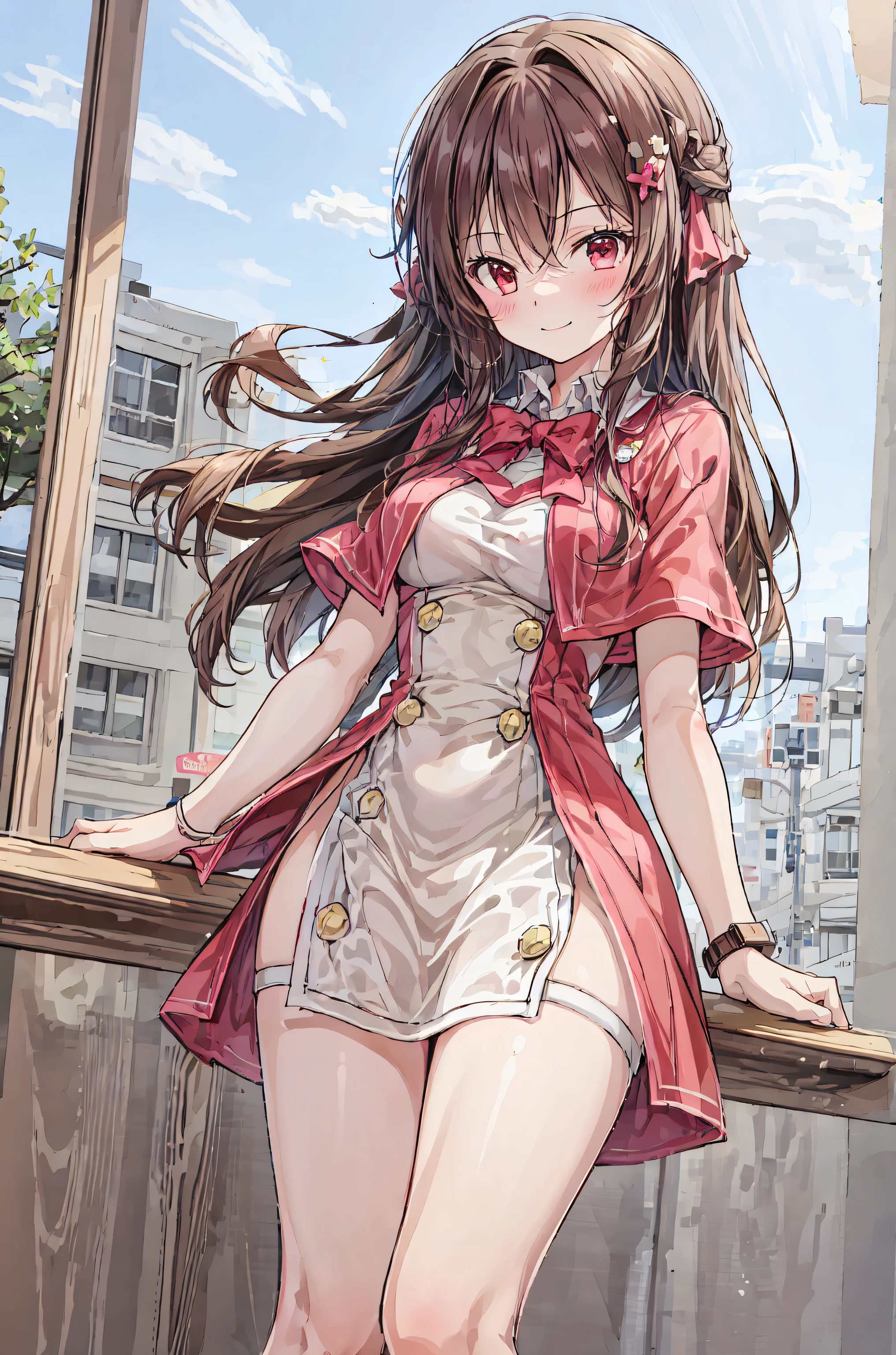 masterpiece,best quality,1girl,solo,Outdoors,blush,Watch Viewers,Serofu,smile,glass,Bang,null,blue nully,cloud,medium chest,hair between eyes,gray hair,Red Eyes,Arms on back,simple clothes,long hair,