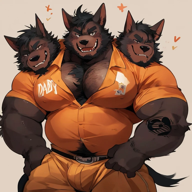 solo, (three headed wild african dog conjoined triplet brothers), adult male, hairy, detailed eyes, (by dramamine), by disney, by pixar, by rembrandt, (identical:1.9), fat, big belly, gray background, nude, small flaccid penis, testicles, navel, speech bubbles:1.5, correct hands, ultradetailed, exaggerated pose, ((coy grin, arms crossed:1.2)), ((beard, thin mustache)), gray hair, ((tail)), ear piercings, nipple piercings, ((multiple tattoos))