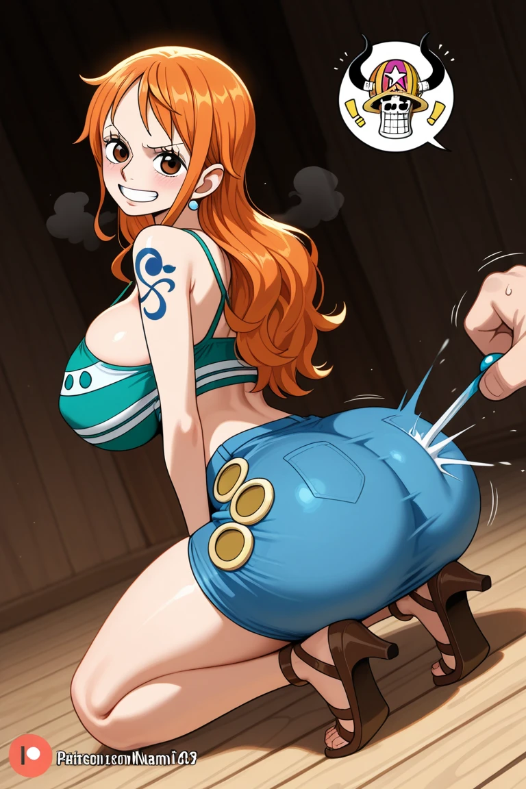 Nami from one piece in a cheerleader outfit with a very short slutty skirt showing her huge ass and has a hand mark as if it were a spanking on her huge ass being penetrated by a giant black penis that fills her huge ass with cum and dripping cum from her huge breasts and mouth