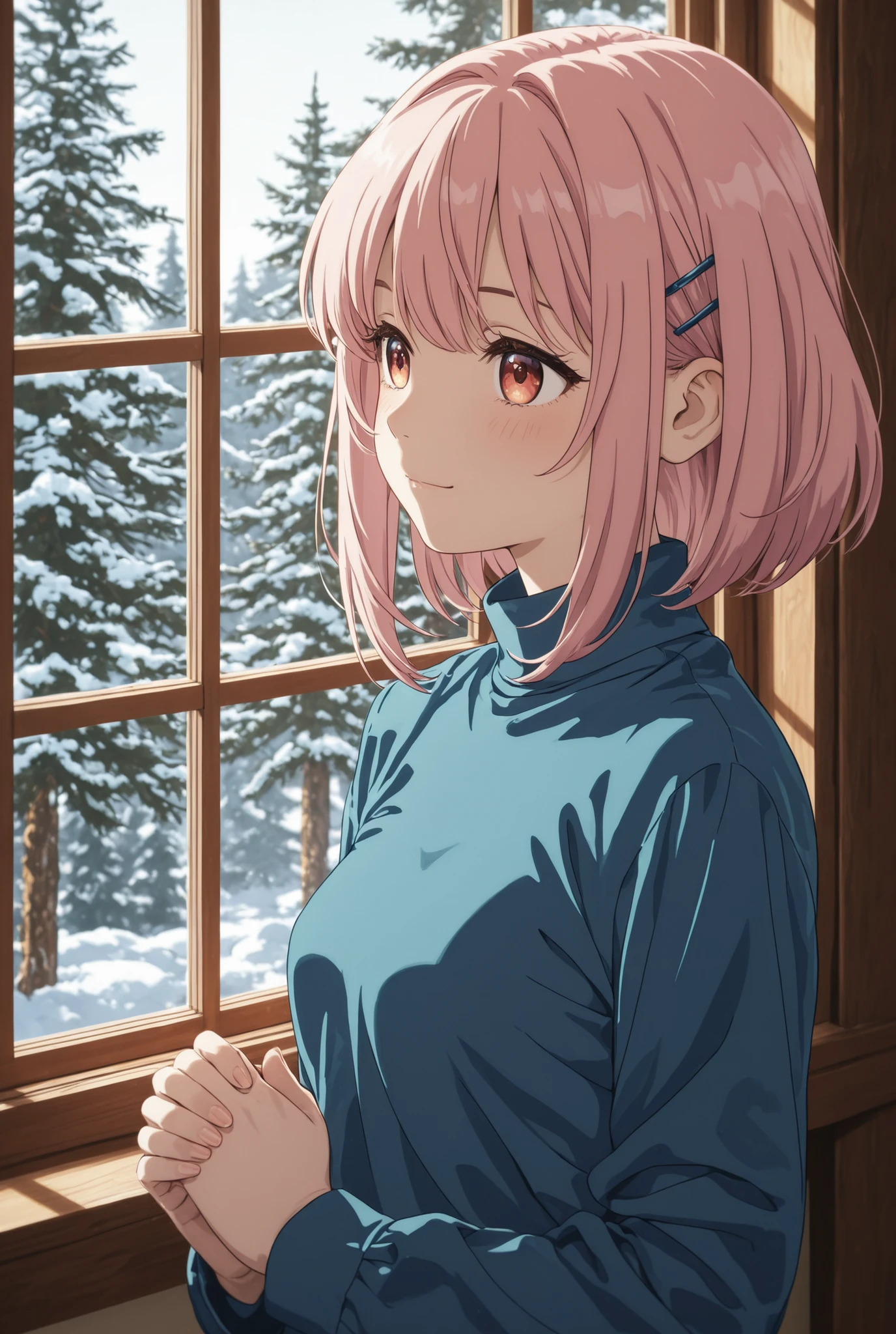 Praying woman　Round window　Shirasuna Garden　pine tree　small beautiful breasts