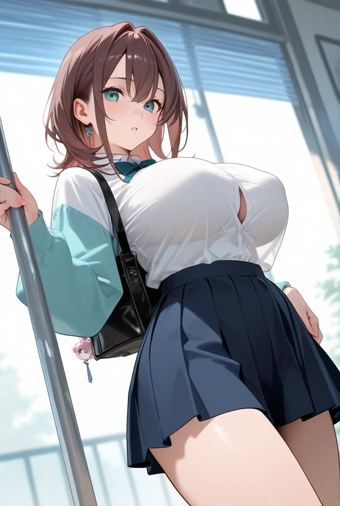 ((top-quality、8K、​masterpiece:1.3))、女の子1人、In a town where many people walk、Slender Abs、sofas、hyperdetailed face、A detailed eye、二重まぶた、very Bigger breasts、large full breasts、Colossal tits、Neat and clean schoolgirl、short-hair、Straight bob hair、Shorthair with bangs、A smile、Schoolgirl Uniform、Female genitalia visible from skirt、An 18-year-old woman、Sheer white shirt、Unbutton and unfold the shirt、Exposing breasts、Navy blue ribbon at the collar、Dark blue pleated micro mini、Sexy、Peek at the viewer、Beautiful graphics、Bright school building with strong sunlight、Show me your whole body、Beautiful legs、fully body photo、is standing、No bra、The nipple is visible、No panties、No panties、Detailed female genital shapes、Black pantyhose、(Facing the front)(((Blushing cheeks、embarassed expression)),(((The skirt is rolled up by the wind)))、Showing female genitalia、、depth of fields、Bokeh in the background、lift one&#39;skirt in the crowd、penetrate male genitals