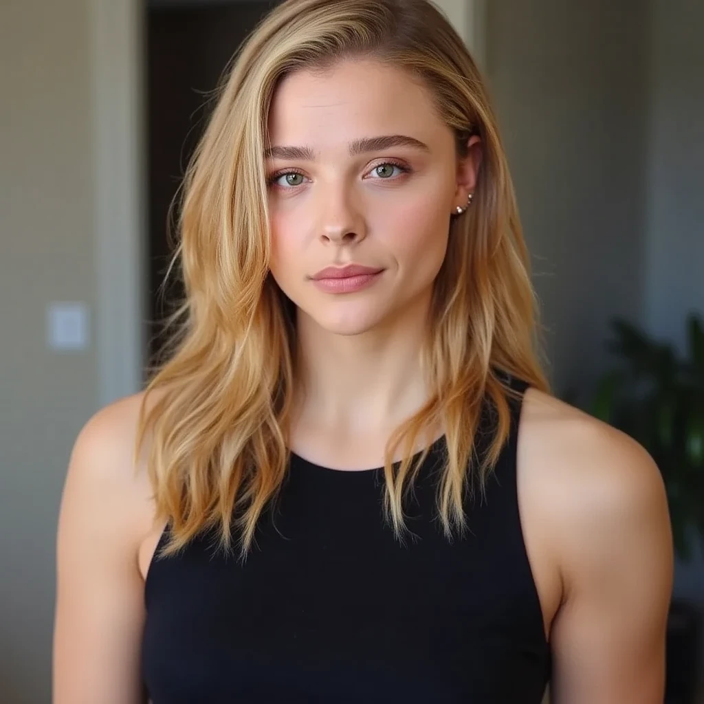 same blonde, beatiful blonde hair, beatiful firm body, tanned skin, muscular body,  toned muscles, wearing a t-shirt and a necklace. The t-shirt accentuates her large breasts, alone in the picture, only 1 girl on the picture,  blue eyes and a subtle, natural makeup look., The selfie should show her without visible makeup, and she should be looking directly into the camera. The face should appear realistically natural. vibrant colors, photorealistic, realistic