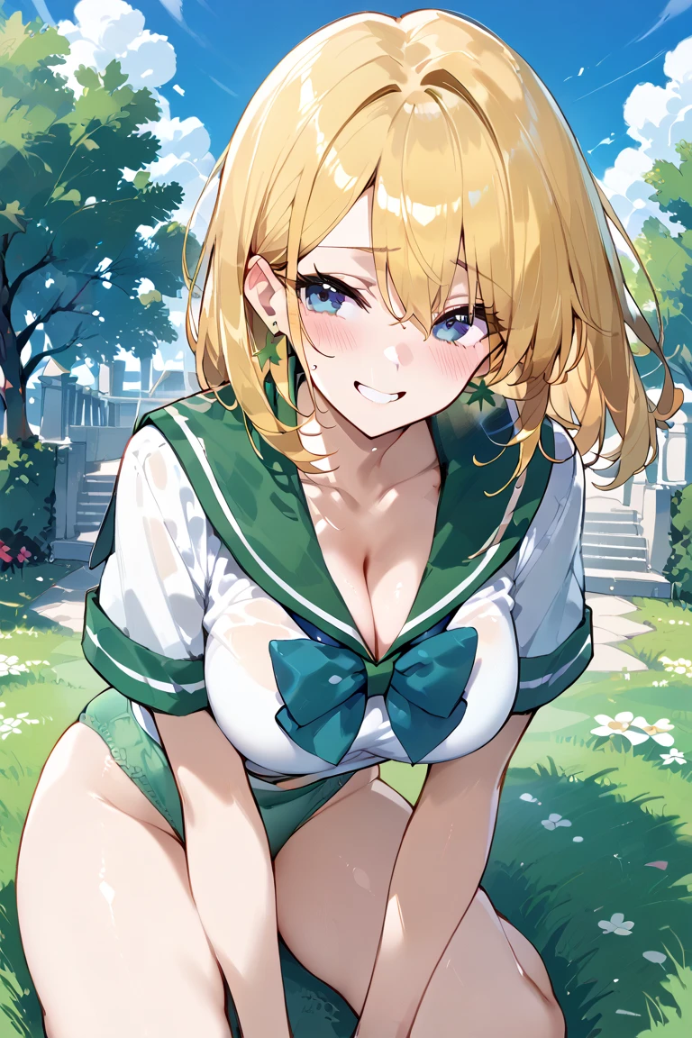 Blonde, Navel, Gal , Blush, Invincible grin, Spooky grin, Erect, (Brown skin:1.2), Big tits, Wet Teka, Photo, Best Quality, Masterpiece: 1.2, (Real, Photorealistic: 1.37), Fine lashes,, Areola visible, Panties, Wet uniform, Schoolgirl, Dark blue pleated skirt, Brown skin, Summer clothes, Wet shirt