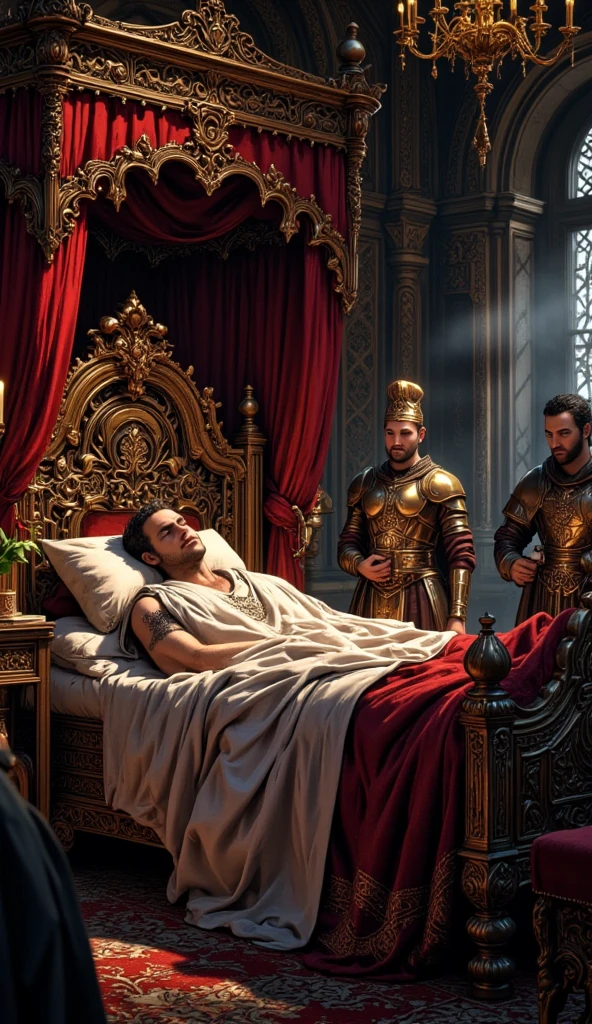 Persian king in his luxurious bedroom lying on his bed an officer standing beside the bed with a dagger also add carpets gold pieces and vases