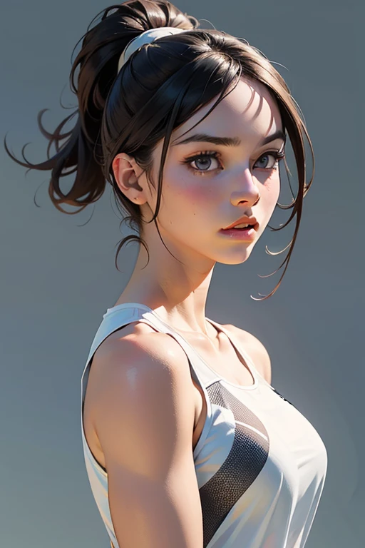 samdoesarts style award winning half body portrait of a beautiful woman in a croptop and cargo pants with ombre navy blue teal hairstyle with head in motion and hair flying, paint splashes, splatter, outrun, vaporware, shaded flat illustration, digital art, trending on artstation, highly detailed, fine detail, intricate